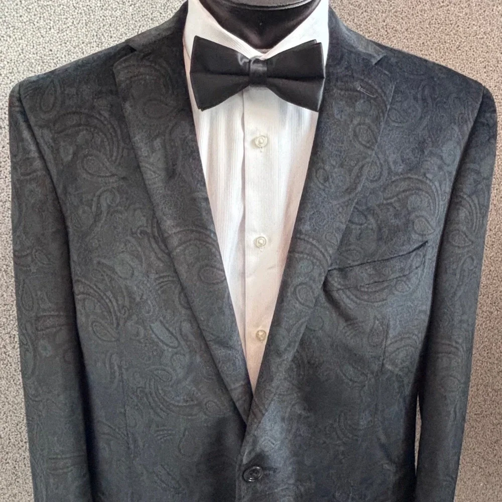 Bar III Black Green Paisley Velvet Slim Fit Tuxedo Jacket 44L Formal
